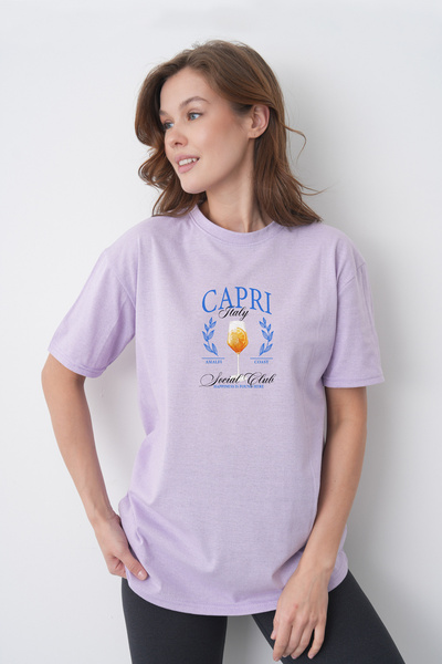 TREND EMMODA Tricou din bumbac liliac, cu gât rotund, cu imprimeu Social Club...