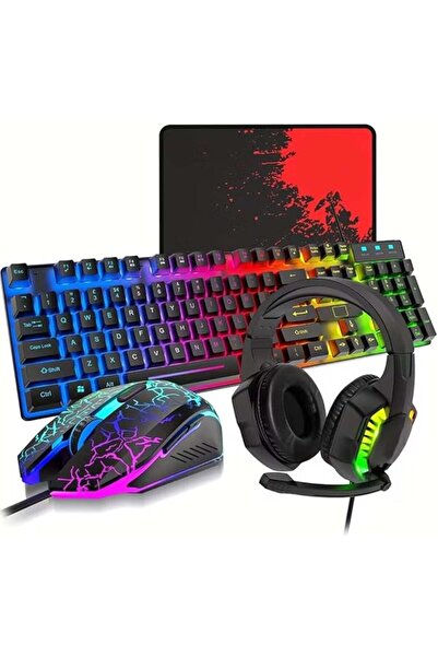 Generic حزمة ألعاب 4 في 1 مع لوحة مفاتيح بإضاءة خلفية LED قوس قزح، ماوس، سماع...