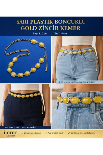 İMREN AKSESUAR Colorful Detailed Plastic Beaded Women's Waist Belt with Gold Plated Waist Chain Detail and Adjustable Belt