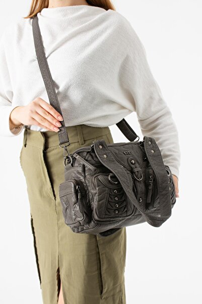 571 Collections Çanta Washed Leather Multi-Compartment Shoulder Bag Gray Mode...