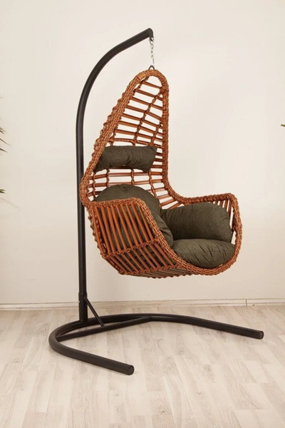 KalyonHome Gardeniza Sardinya Rattan Tek Kişilik Bahçe Balkon Salıncağı Armut 120 Kg Haki