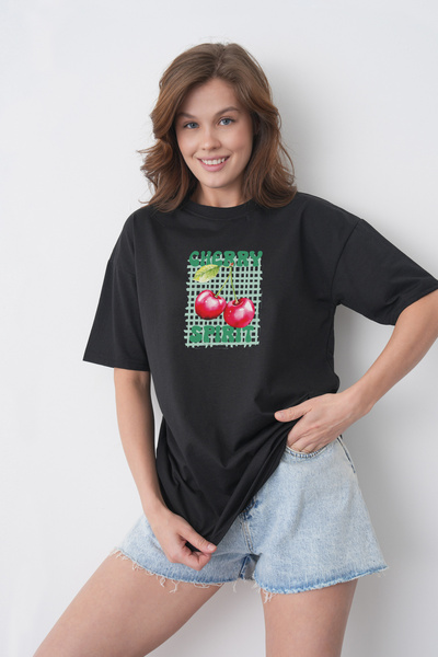 TREND EMMODA Tricou de damă, stil de vară, din bumbac negru, cu imprimeu Cher...