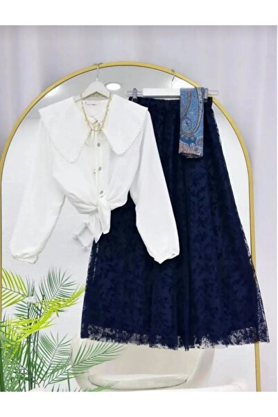 MODA VEDAT Γυναικείο πουκάμισο με λεπτομέρεια από γκιπούρ και γιακά - Σετ με ...