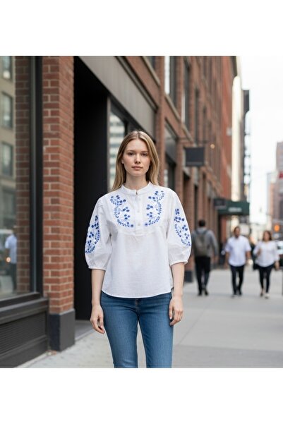 Bohem kutusu Embroidered Short Sleeve Buttoned Cotton Shirt