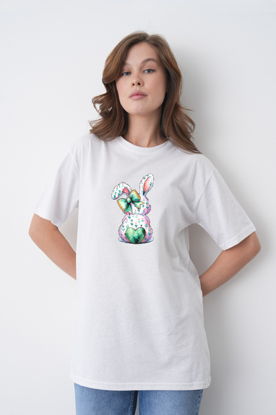 TREND EMMODA Tricou alb din bumbac, cu decolteu rotund, cu imprimeu floral și...