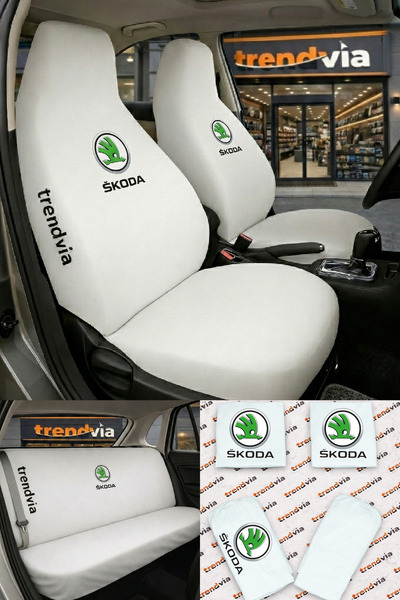 trivexa غطاء مقعد السيارة بشعار سكودا، طقم أمامي وخلفي – غطاء حماية عالمي للم...