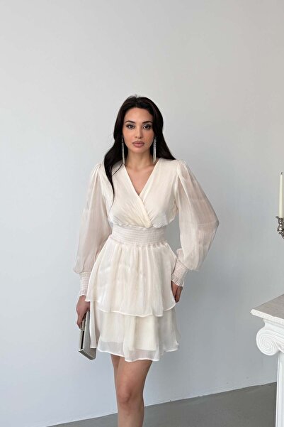 Serica Moda Ecru Double-Breasted V-Neck Balloon Sleeve Mini Dress