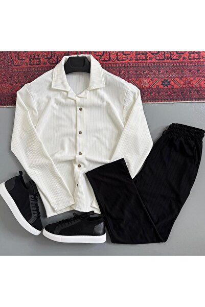 WENMİNG Men's Sahra Fabric Striped Pants Shirt Bottom Top Set