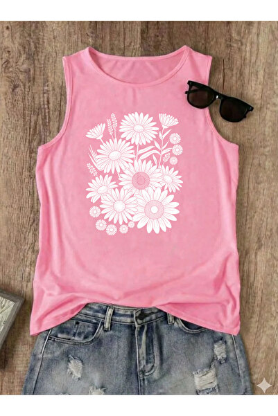 SUNFREE White Flower Printed Women's Crew Neck Cotton Sleeveless Summer Tank ...