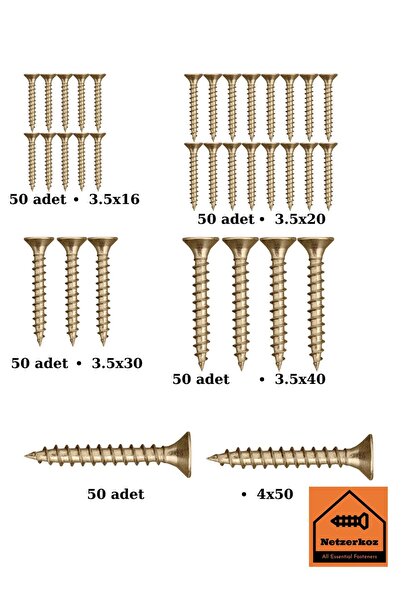 Netzerkoz 5 çeşit 250 adet YHB Sunta Vidası Seti - 50'şer adet X (3,5x16-3,5x...