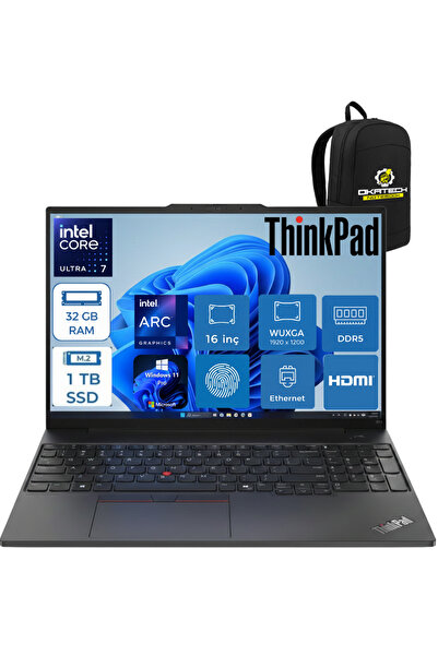 LENOVO THİNKPAD E16 INTELCORE ULTRA 7 255H 32 GB RAM DDR5 1 TB SSD WİN11PRO 1...