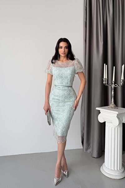 Serica Moda Βραδινό φόρεμα μίντι με κοντά μανίκια, κεντημένο με χάντρες και ζώνη