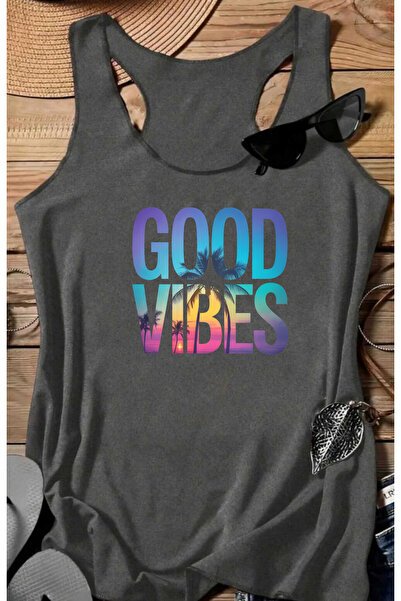 SUNFREE GOOD VIBES Tricou imprimat pentru femei, fără mâneci, pentru înot