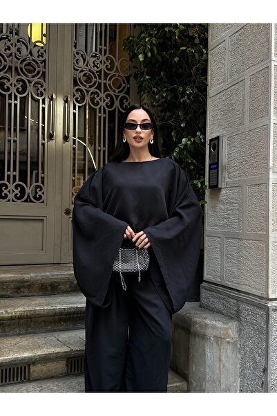 Nes Moda Tencel Kumaş Yarasa Kol Bluz Pileli Palazzo Pantolon Takım