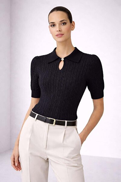 Ferraro Дамска черна плетена блуза с поло яка, къс ръкав, от вискоза и памук,...