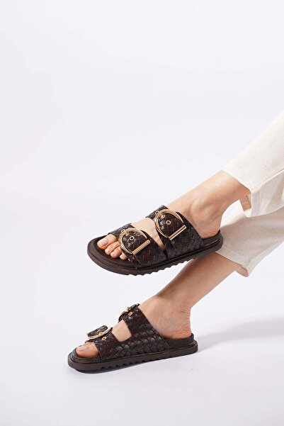 Moda Pie Loggo ženske papuče sa dvostrukom kopčom, smeđe slamnate