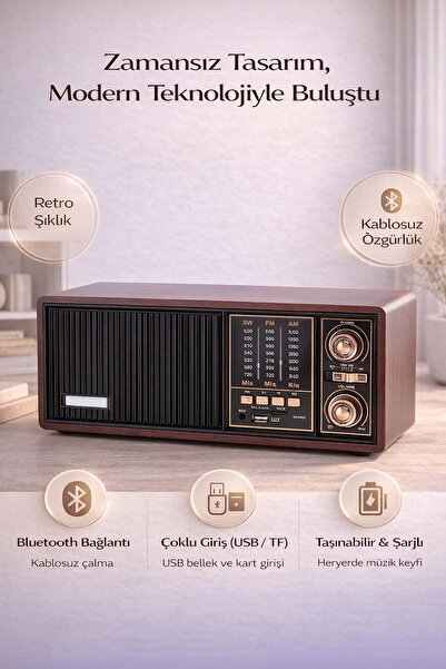 FaroxTech Retro Nostaljik Ahşap Bluetooth Hoparlör - Şarjlı FM/AM/SW Radyo - ...
