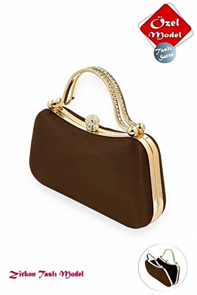 Famels Coffee-Colored Evening Dress Bag Gold Shiny Color with Handle and Ston...