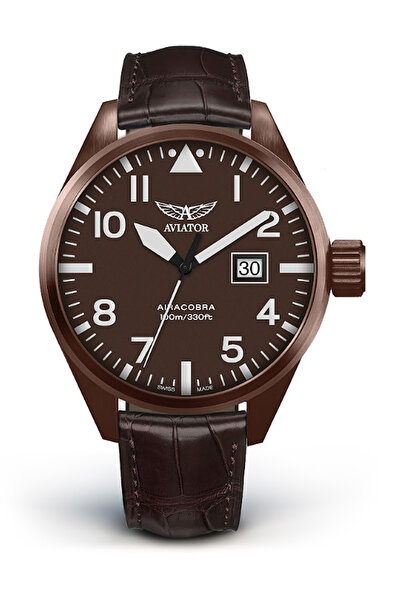 AVIATOR ساعة يد رجالية Airacobra V.1.22.8.151.4 بحزام جلدي بني مع تقويم 42 مل...