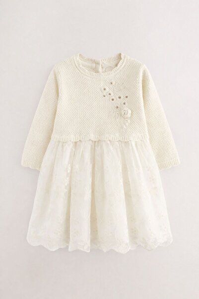 Next Baby Cotton Off-White Occasion Long-Sleeve Knitted Sweater Dress