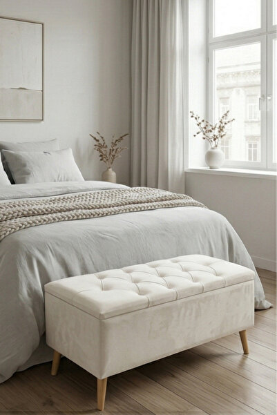 Art&Gift Morbido Sandıklı Yatak Odası Ayak Ucu Puf Antre Bench Ahşap Ayaklı Krem