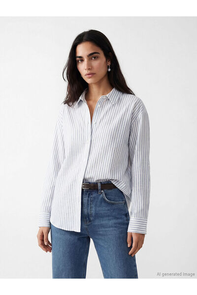 LC Waikiki Lcw Vision Blue Striped Oversize Women's Shirt with Nevavm Differe...