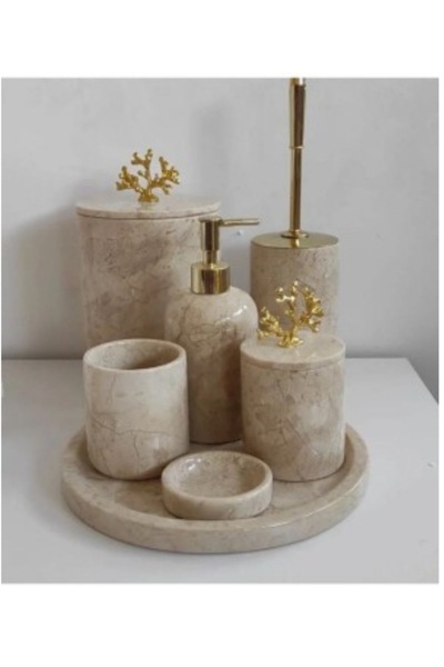 Belle Vie طقم إكسسوارات حمام فاخر من 6 قطع بتصميم رخامي وتفاصيل ذهبية - منظم ...