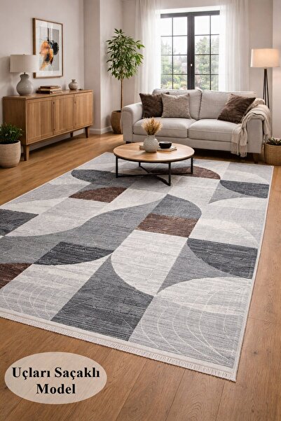 NaRStore Home Kaymaz Taban Saçaklı Gri Kahve Modern Yıkanabilir Salon Mutfak ...