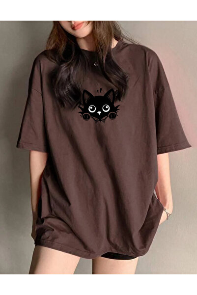 SUNFREE Cat Printed Oversize Crew Neck Short Sleeve Basic Unisex Tshirt