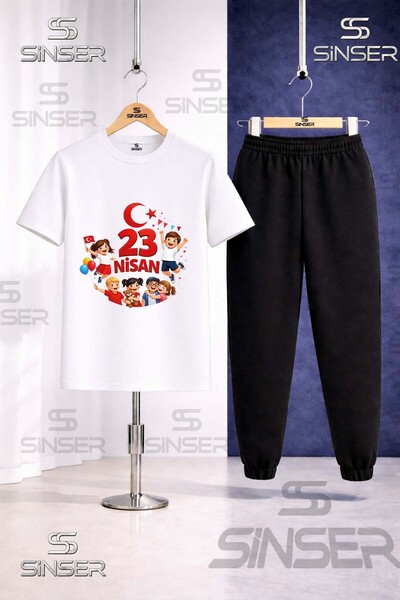 SS SİNSER Children's Children's Writing 23 April Printed T-Shirt Sweatpants Set