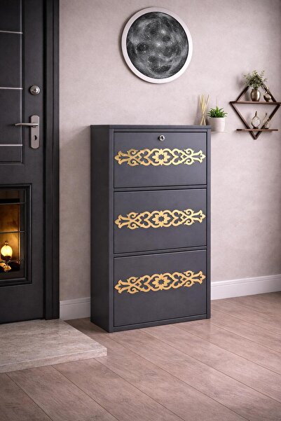 KARLI 3'LÜ KİLİTLİ ANTRASİT GOLD DESENLİ METAL AYAKKABILIK