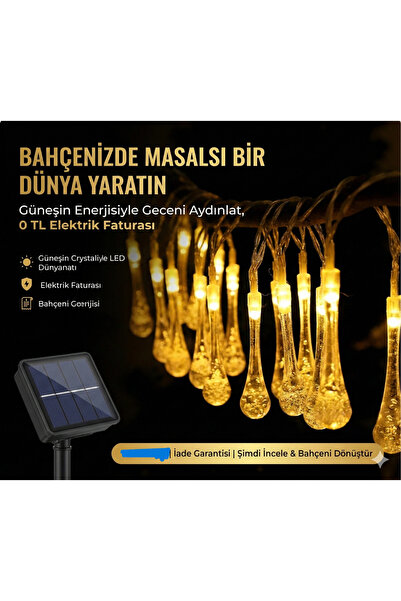 Pazarcan 10 Led 2 Metre Sarı Kristal Su Güneş Enerjili Led Işık Solar Bahçe A...