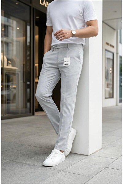 MODAMESTO Men's Light Gray Slim Fit Lycra Side Pocket Ankle Length Plain Fabr...