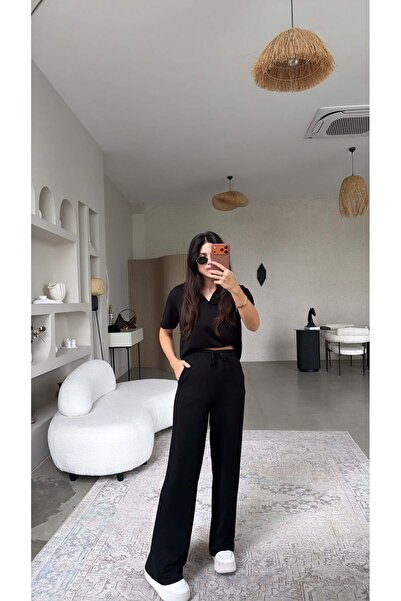 Buket Teke Μαύρο Βασικό Σετ από Ύφασμα Modal με Γιακά και Φαρδιά Μπατζάκια