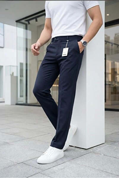 MODAMESTO Men's Navy Blue Slim Fit Lycra Side Pocket Ankle Length Plain Fabri...