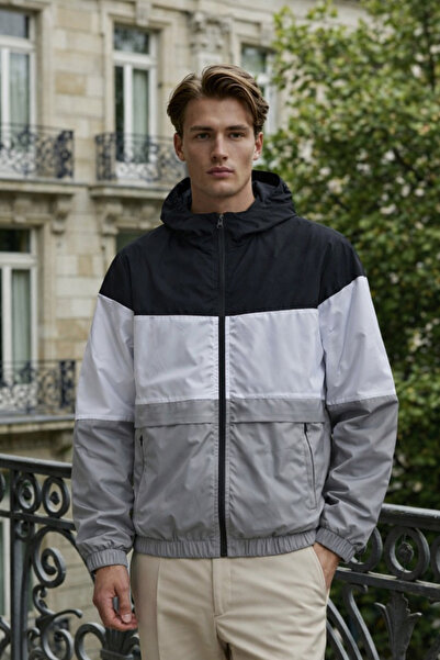 DAMGA JEANS Men's Trendy Patterned Zippered Gray Raincoat & Windbreaker