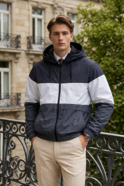 DAMGA JEANS Men's Trendy Patterned Zippered Smoked Raincoat & Windbreaker