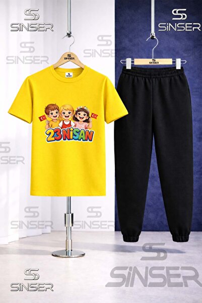 SS SİNSER Children's 23 April 3Lu Cocuk Printed T-Shirt and Sweatpants Set