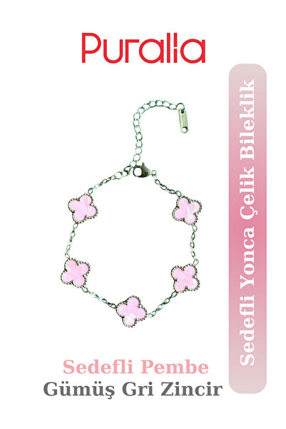 Puralia Pearlescent Pink Clover Bracelet - Silver Gray Chain