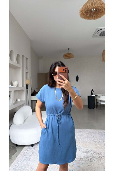 Buket Teke Rochie Indigo cu talie încrețită și șnur