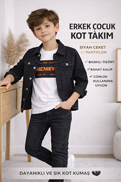 NAWİ 71503-26 Boy's Denim Suit Jacket, Printed T-Shirt and Trousers 3-Piece C...