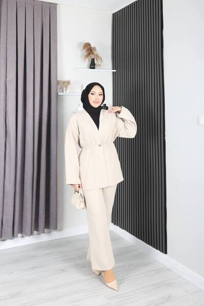 Marjinal Γυναικείο Σετ Παντελόνι και Σακάκι από Μουσελίνα με Ελαστική Μέση