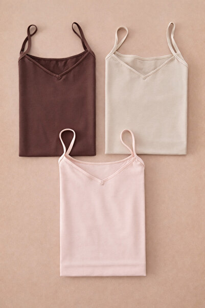 Demirsa Boutique Kadın Modal Atlet 3’lü Set İp Askılı Slim Fit Basic (Koyu Ten, Somon, Kahve)
