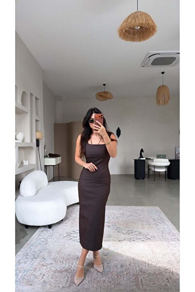 Buket Teke Καφέ μακρύ τετράγωνο φόρεμα με γιακά και μολύβι