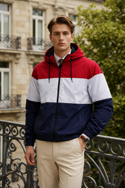 DAMGA JEANS Men's Trendy Patterned Zippered Red Raincoat & Windbreaker