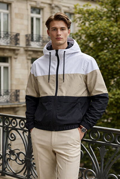 DAMGA JEANS Ανδρικό αδιάβροχο και αντιανεμικό με φερμουάρ σε μπεζ χρώμα με μο...