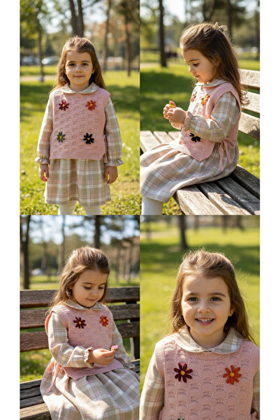 İdeal Özgül Bebe 570 Girl's Side Tie Sweater Floral Woven Plaid Dress 2-3-4-5...