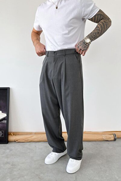 HAFKAGİYİM Dark Gray Pleated Baggy Fabric Trousers