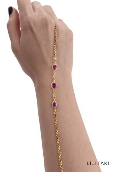 Lilith Takı Elegant Women's Bracelet with Fuchsia Stones – Gold-Tone Sparkling Stylish Design (3 Stone Details)