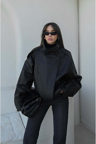 gm giyimarket New Season Zra Viral Oversize Stand Collar Women's Leather Jacket